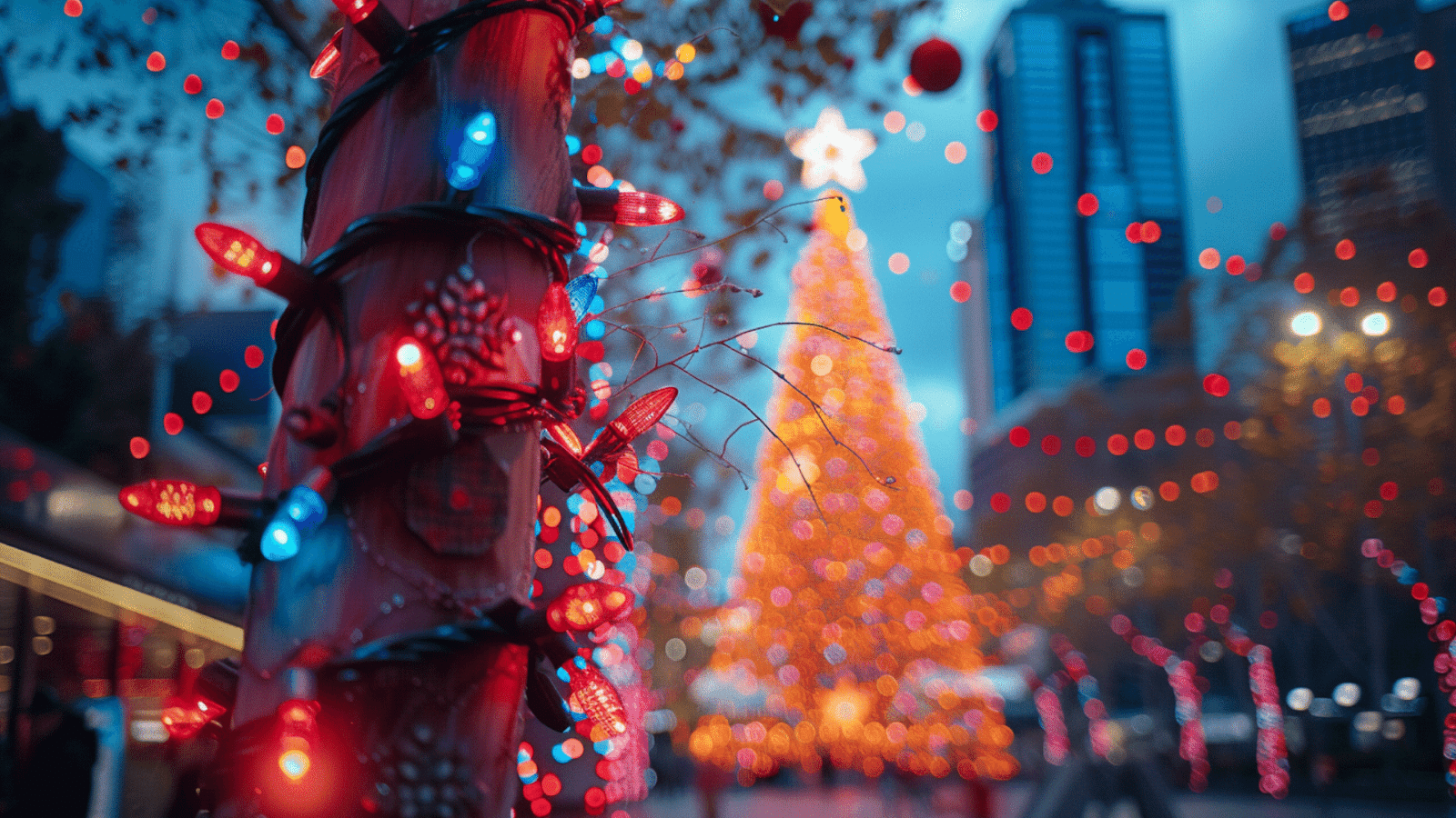 Christmas lights wrapped around a pole with a blurred background featuring a lit-up Christmas tree and city lights