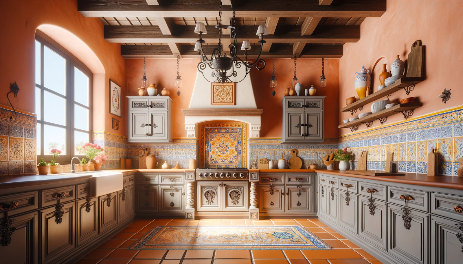 A very open and large Spanish style kitchen with gray cabinets below, two open shelves, and two shelves with doors flanking the stove. The walls are painted a peach fuzz color showing how this color can work with all of the Spanish tile accents