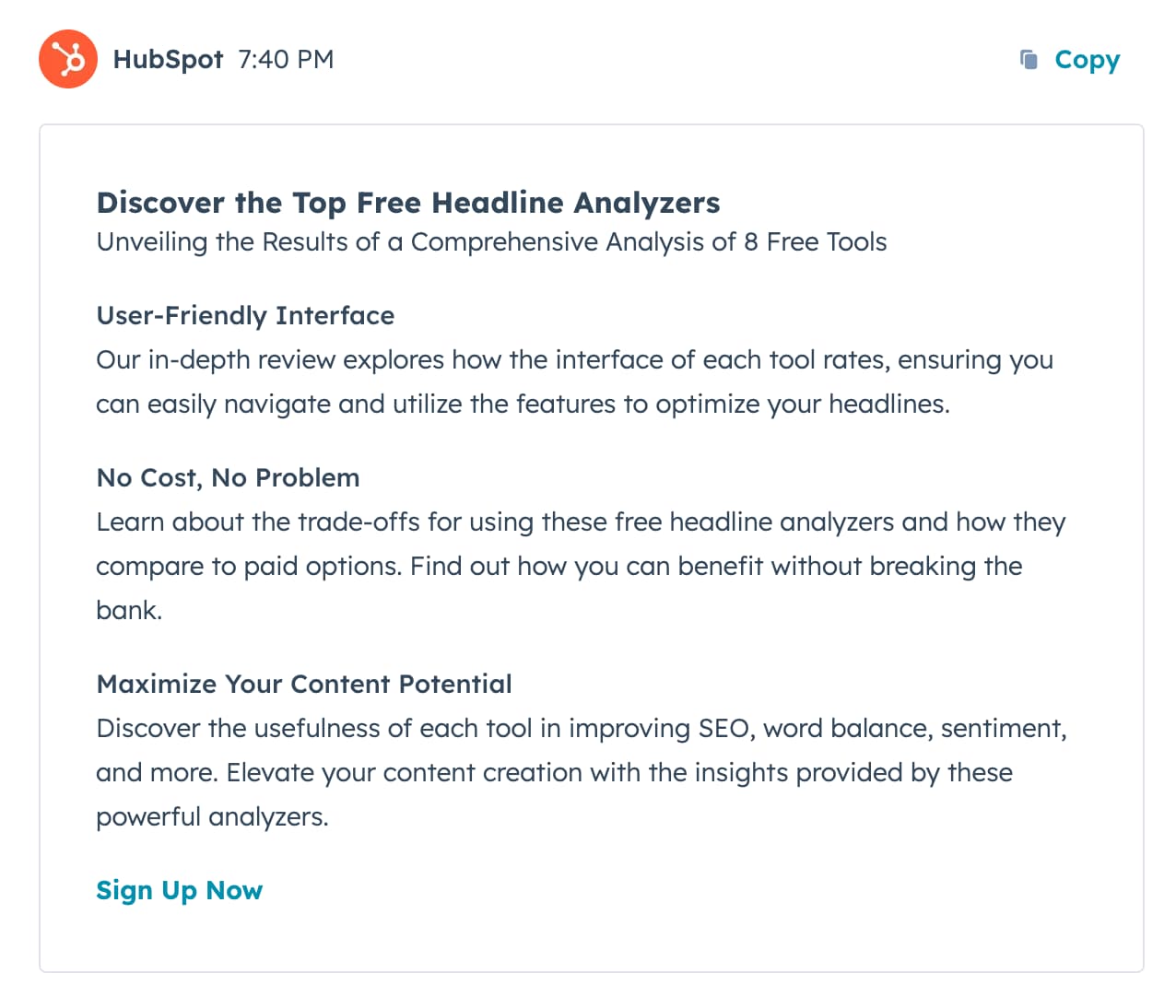 HubSpot’s free AI headline generator suggests “Discover the Top Free Headline Analyzers” as a title for this post.