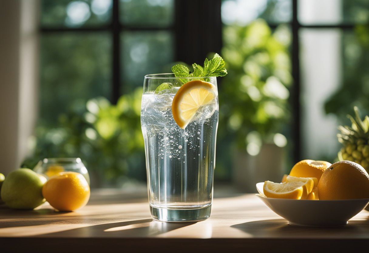 A clear glass of purified water sits on a table, surrounded by fresh fruits and vegetables. A beam of sunlight shines through the window, highlighting the importance of clean water for overall health