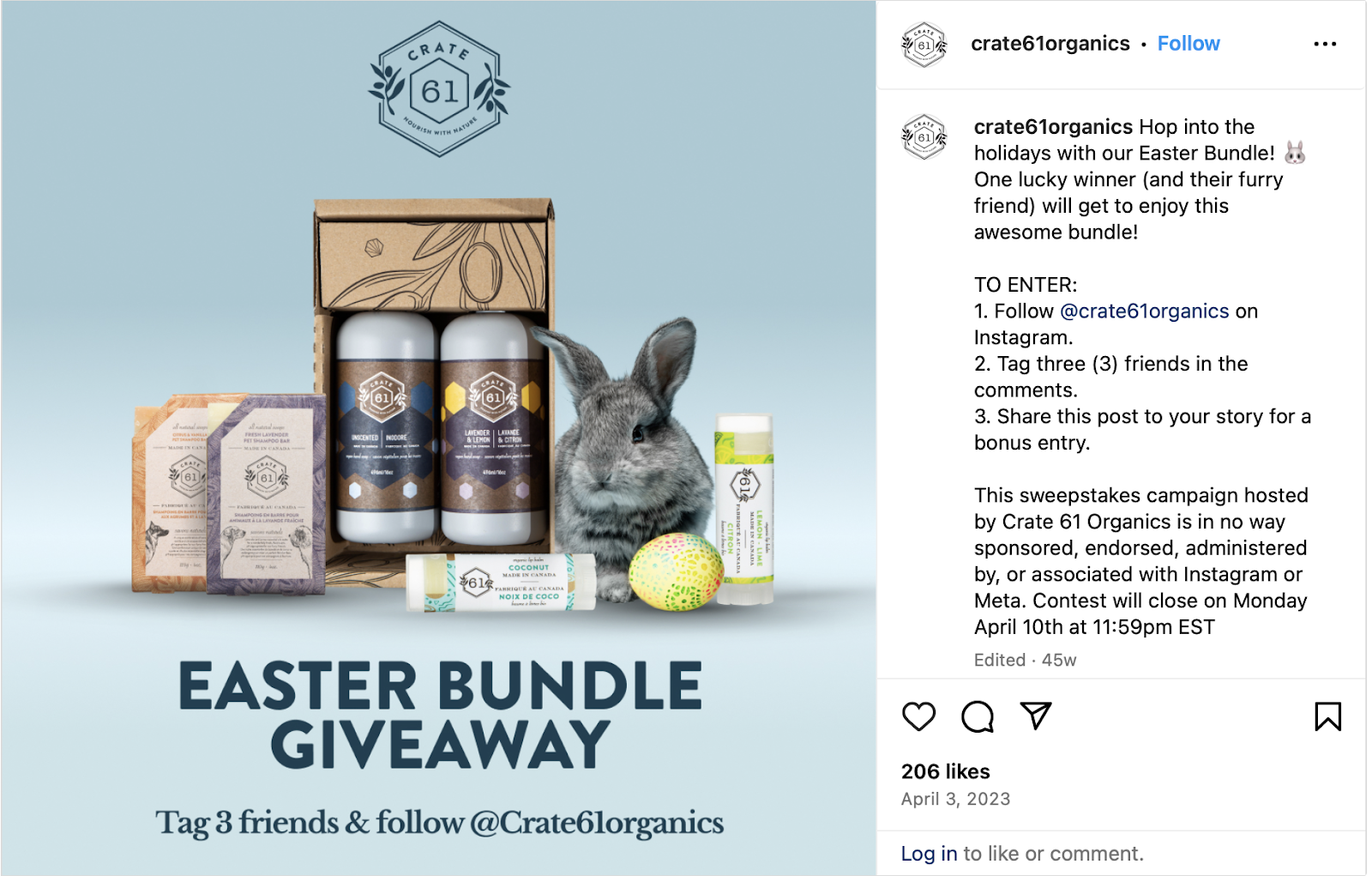 Easter marketing strategy example: Instagram screenshot of Easter Bundle Giveaway from Crate61organics featuring their products next to an image of a bunny and decorated egg