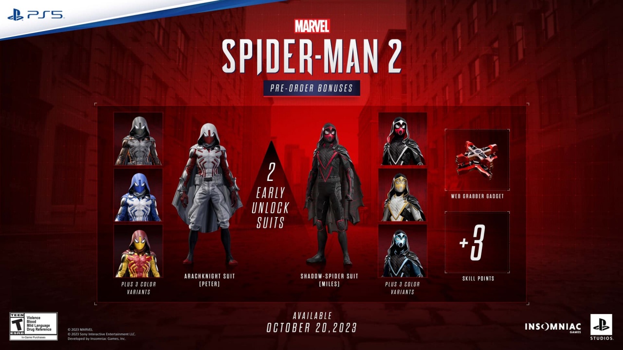 An image of the pre-order bonuses included with the standard edition of Marvel's Spider-Man 2. 