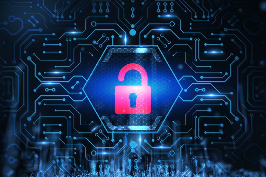 Digital image of a lock with circuit board pattern.