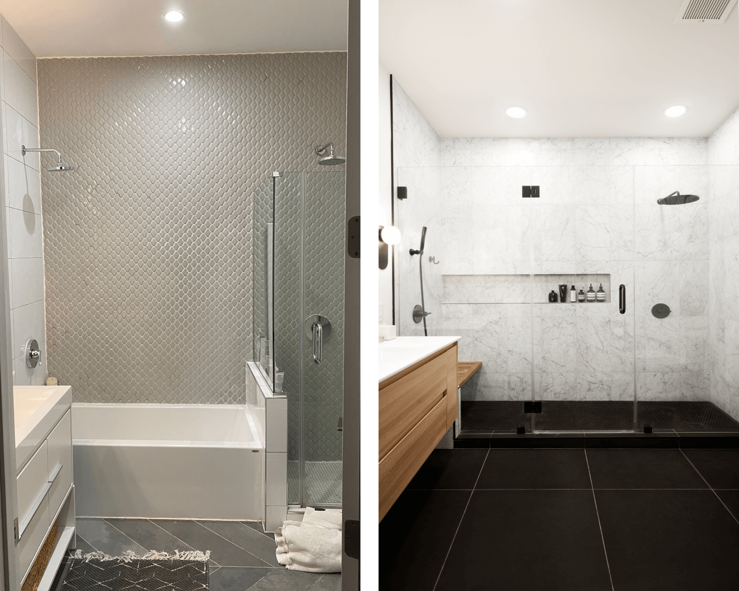 Before and after tub to shower conversion. The before had a separate small tub and shower stall, which was replaced to create an extra large walk-in shower with matte black fixtures and a bamboo shower bench.