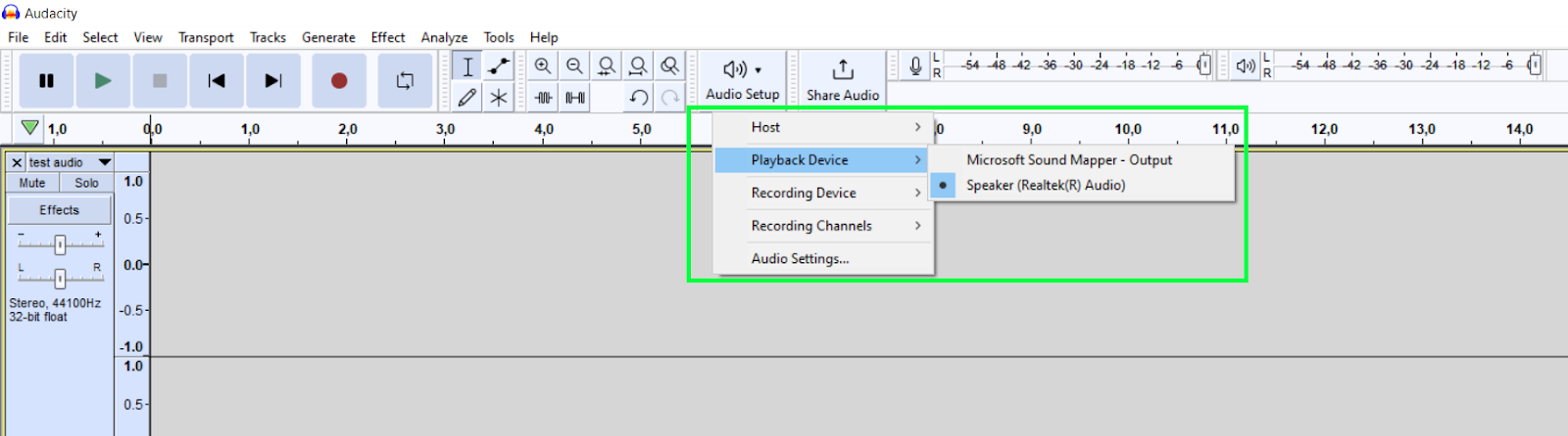 The Playback Device settings dropdown menu in Audacity