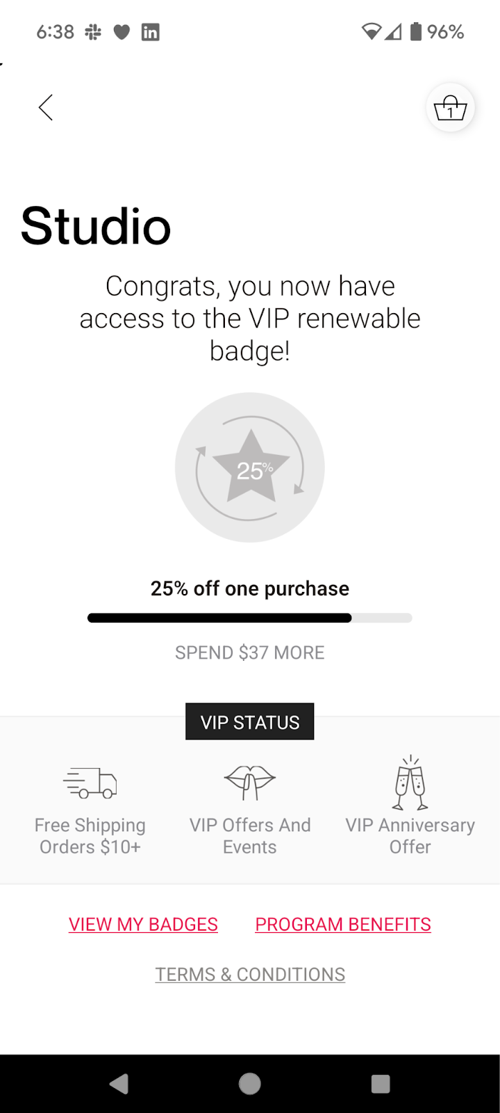 Dynamite's mobile app, showing the VIP page for loyal customers who can earn a discount for spending more money.