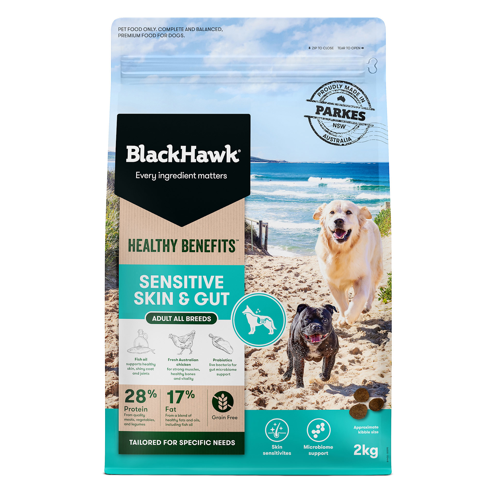 Front packaging of Black Hawk Healthy Benefits Sensitive Skin & Gut
