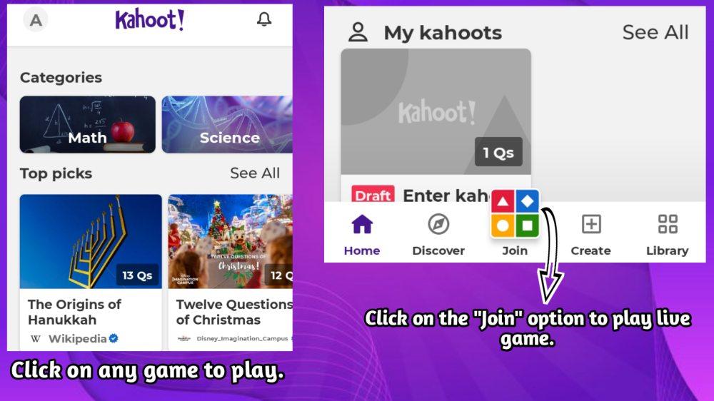 How do you play live games on the Kahoot app