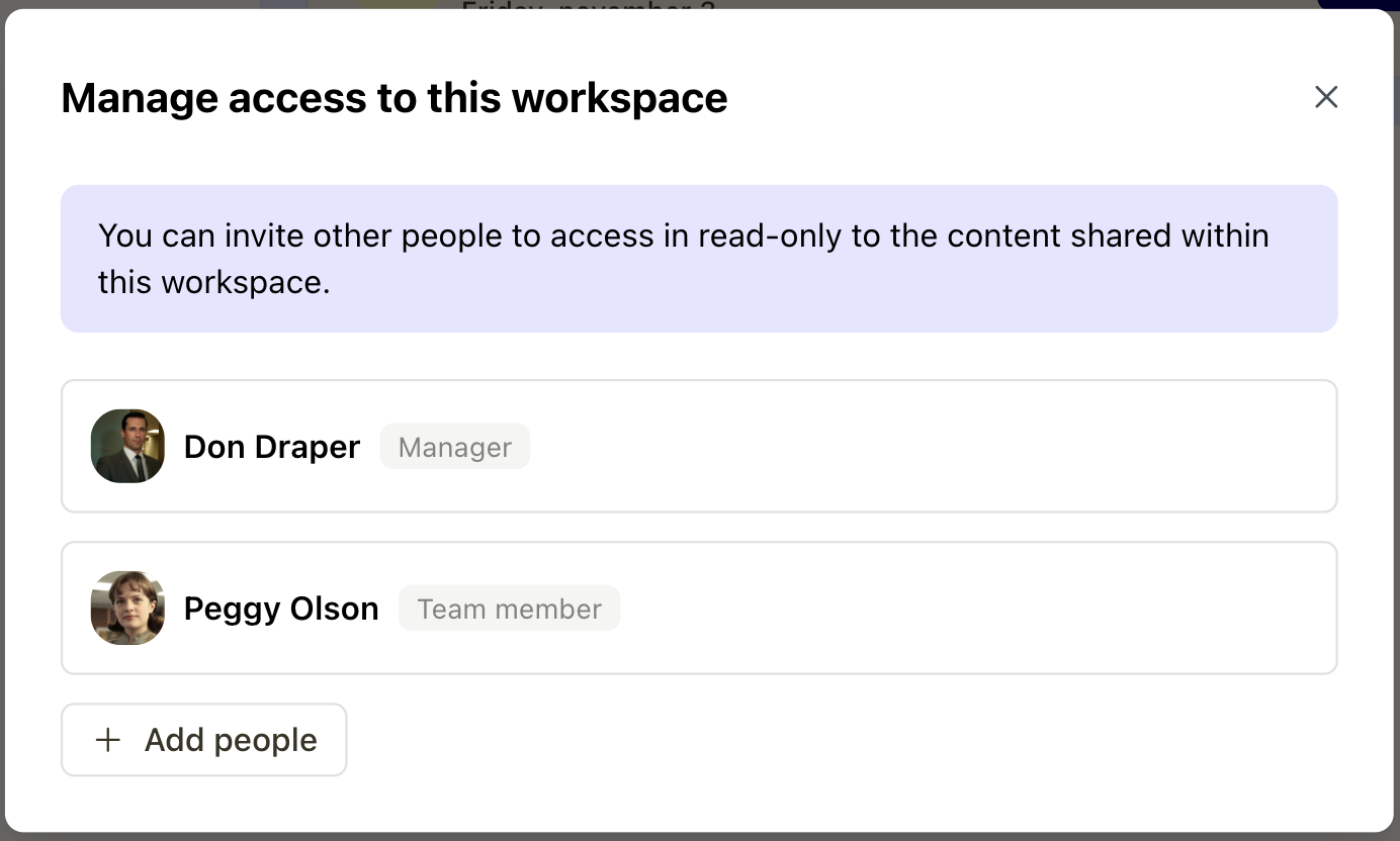 Settings of the access to a Popwork workspace
