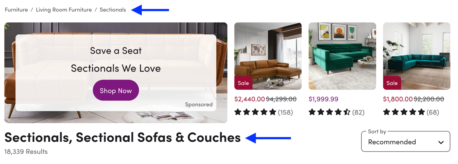 technical SEO for ecommerce: Wayfair’s header for the product page for sectionals and couches. 
