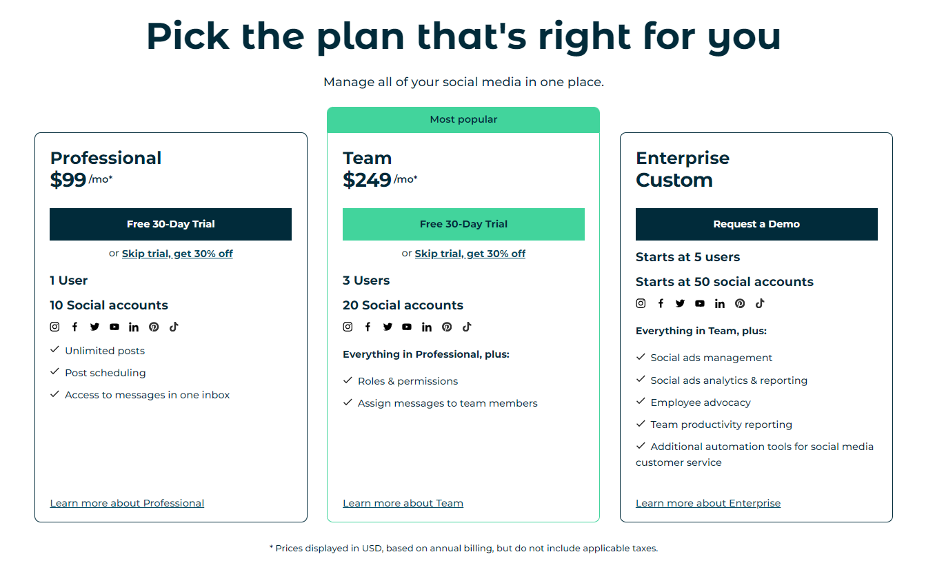 The web page for Hootsuite's pricing plans.