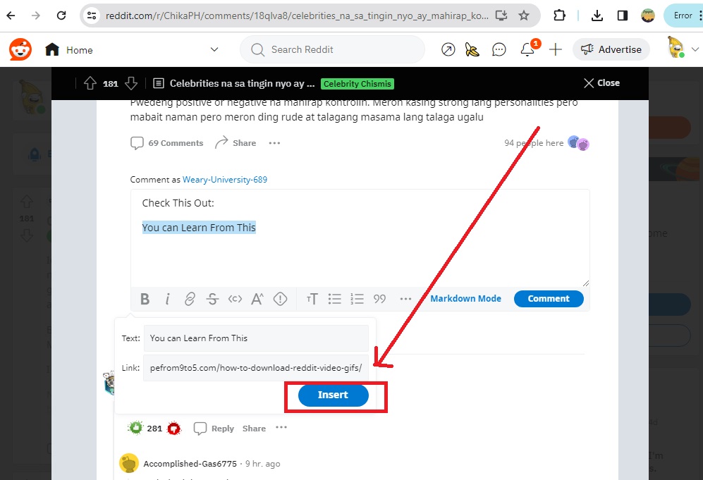 How to Add Links into Reddit Post and Comments - Click Insert to Insert the URL Link to Comment