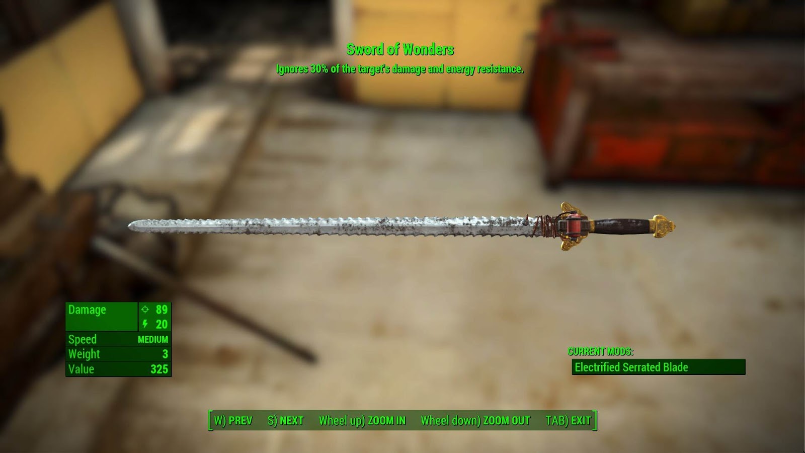 The Sword of Wonders, a Chinese Jian sword with a serrated blade and electrical wire around the hilt, viewed through the inventory UI of Fallout 4.