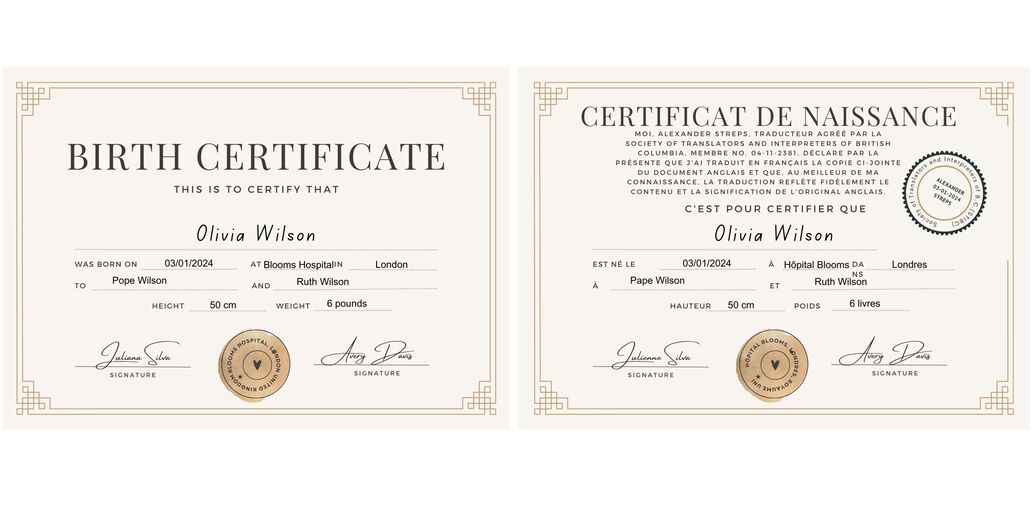 Exact certified translation of a birth certificate from English to French