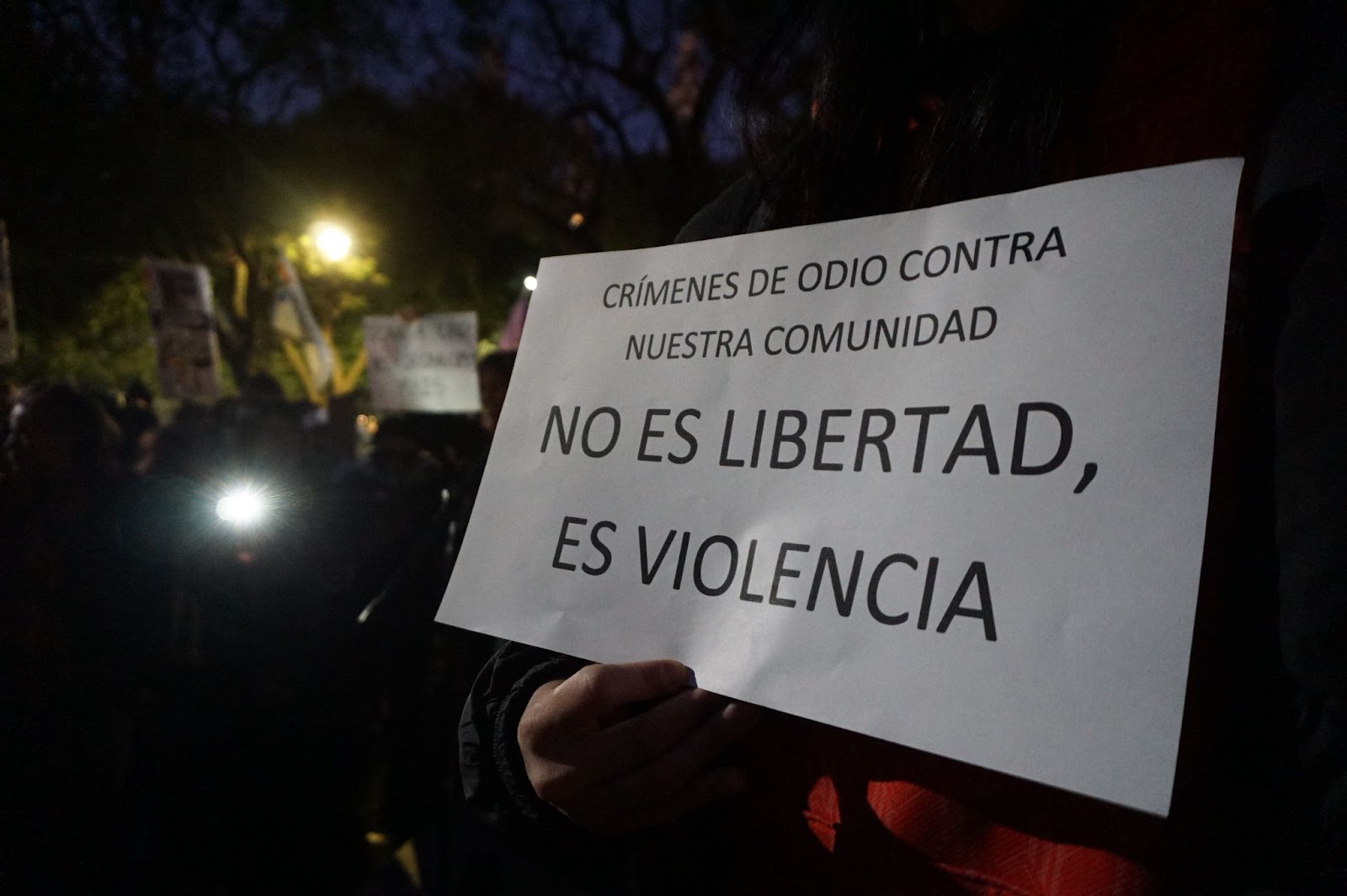 Activist Jesi Hernández holds a sign that reads "Hate crimes against our community don't mean freedom, it's violence" at a vigil held for the Barracas massacre victims