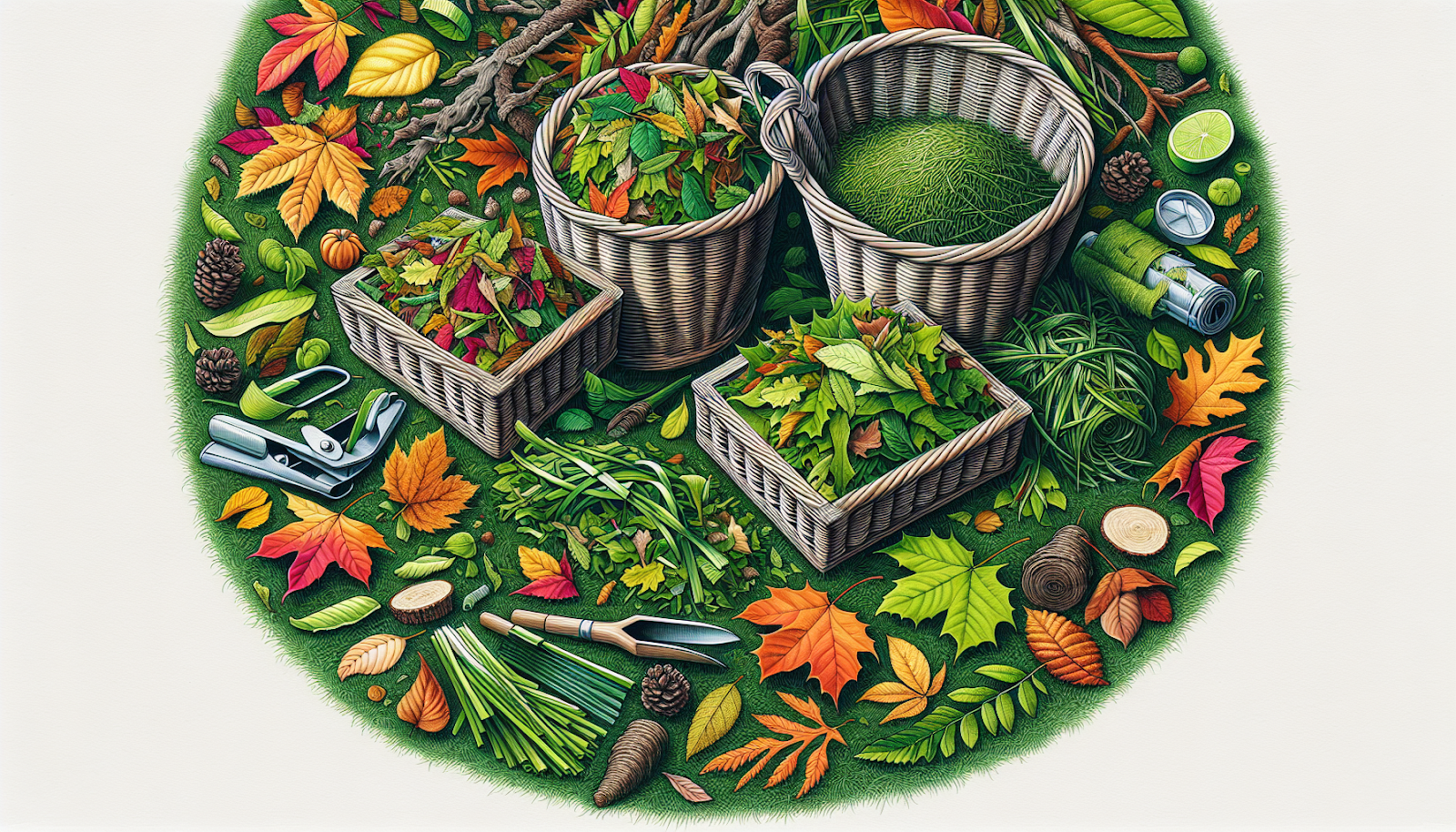 Various garden waste materials such as grass clippings, leaves, and tree trimmings