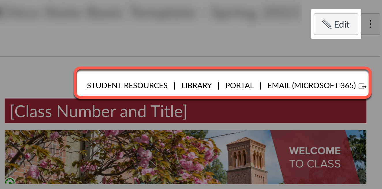 Highlight around quick access links in upper right corner of template. Links include Student Resources | Library | Portal | and Email (Microsoft 365)