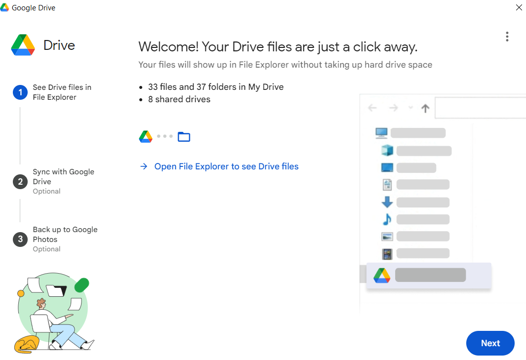 Screenshot of Step 2 of Google Setup %22Welcome! Your Drive Files are Just a Click Away%22
