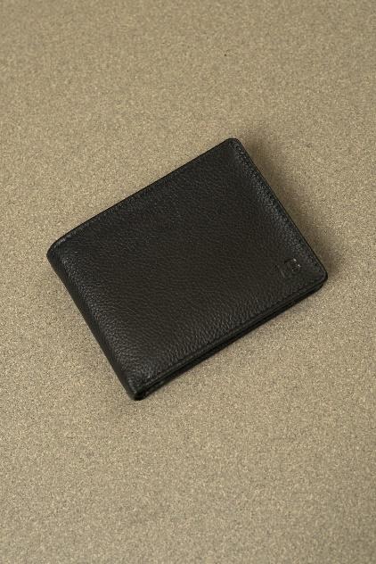 A black leather wallet on a beige surface

Description automatically generated