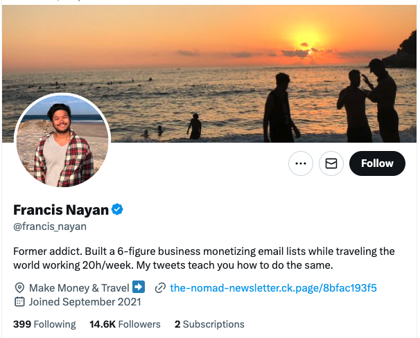 Twitter optimization, Francis Nayan is a big fan of using Twitter to share long-form content and increase sales.>