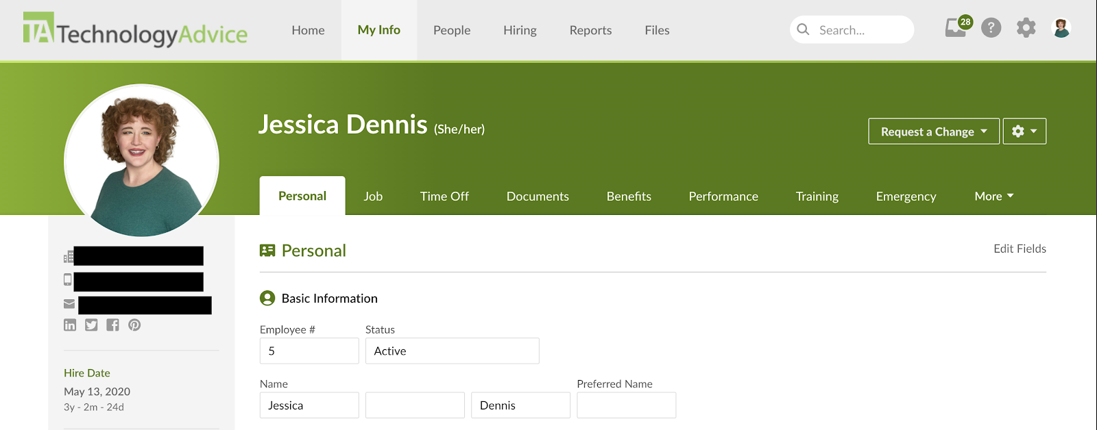 BambooHR displays an employee profile for Jessica Dennis with horizontal tabs to access personal, job, time off, documents, benefits, performance, training, and emergency information.