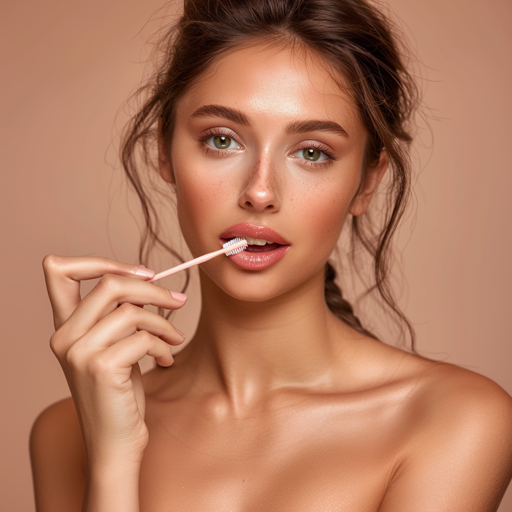 Woman with glowing skin applying DIY honey lip scrub to her lips with a clean toothbrush