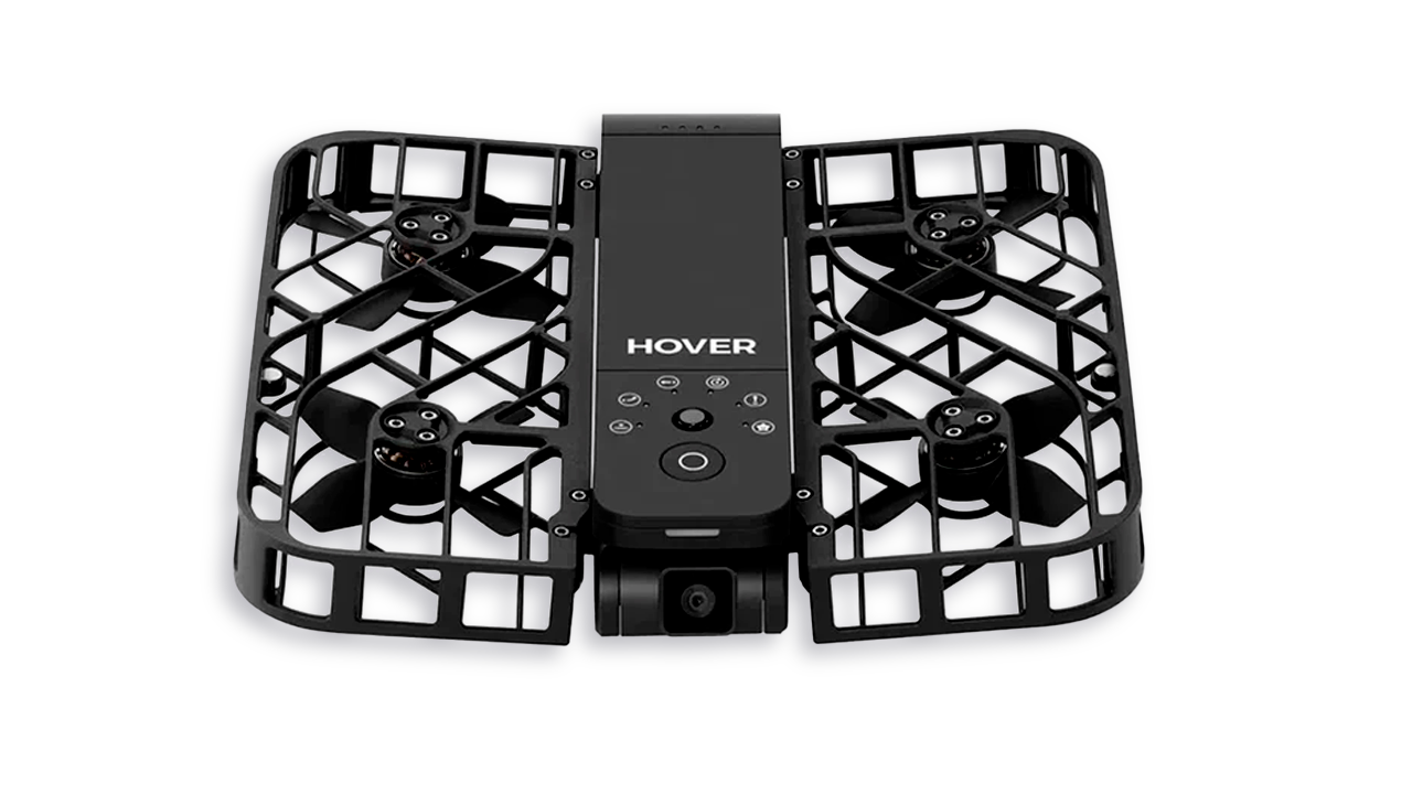 A black Hoverair X1 drone unfolded.