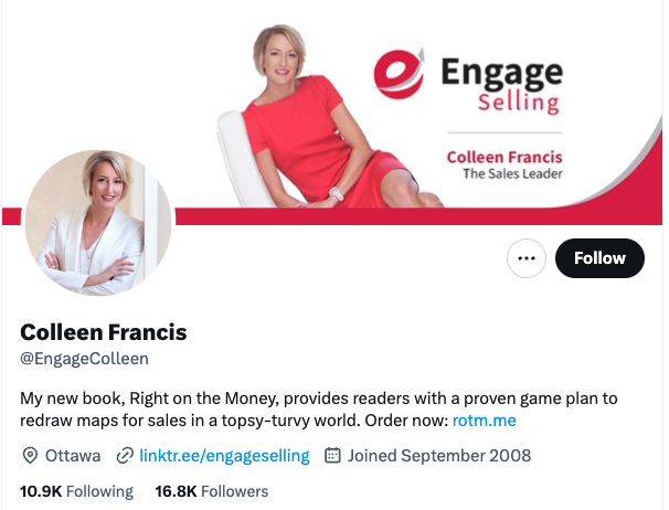 Twitter optimization tips, Colleen Francis uses her bio to give people a mini insight into what she’ll post.>