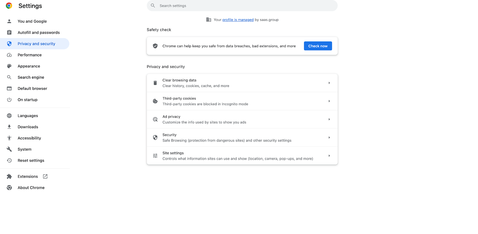 Screenshot of Chrome settings