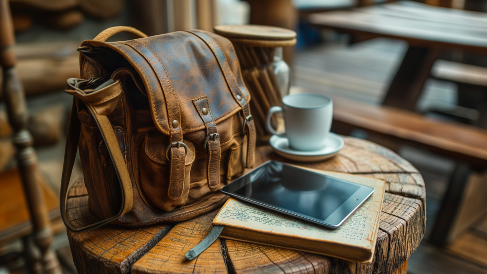 A journal and a tablet beside a leather backpack, ready for cultural exploration.