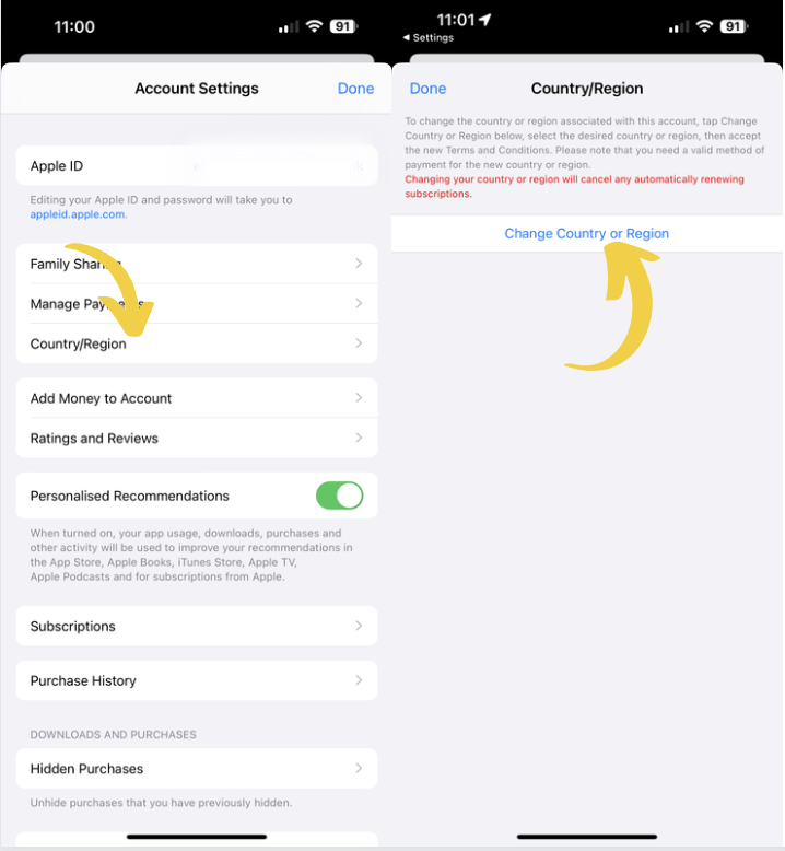 Screenshot of steps to change Apple App Store region on iPhone and iPad.