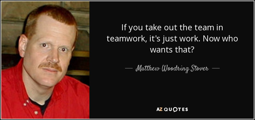 “If you take out the team in teamwork, it’s just work. Now, who wants that?”  
Matthew Woodring Stover, science fiction author
