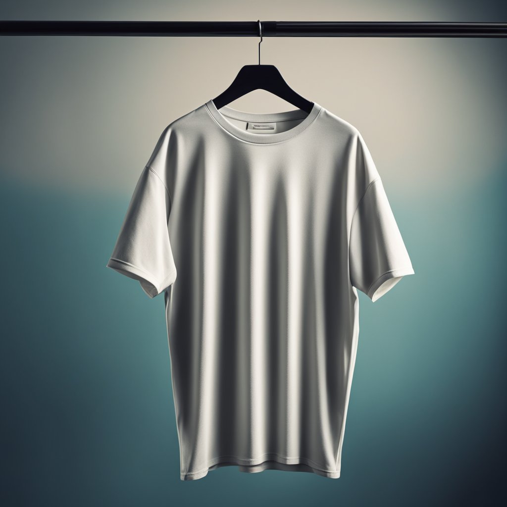 A drop shoulder t-shirt hangs loosely on a hanger, showcasing its relaxed fit and oversized silhouette