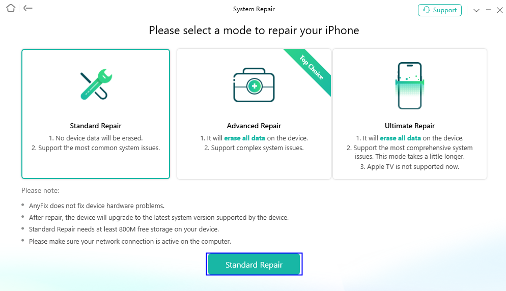 Choose Standard Repair Mode
