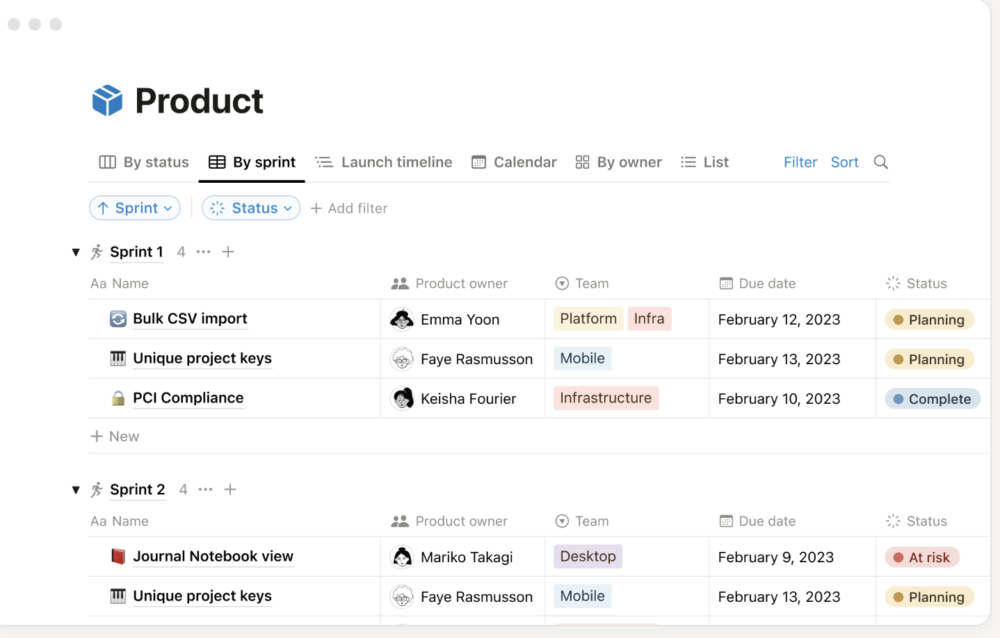 example of notion page for managing a product project 