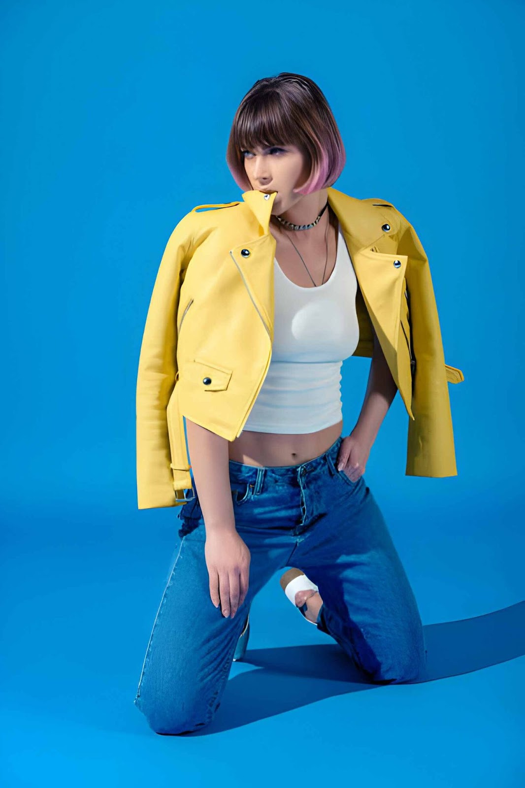 yellow leather jacket womens