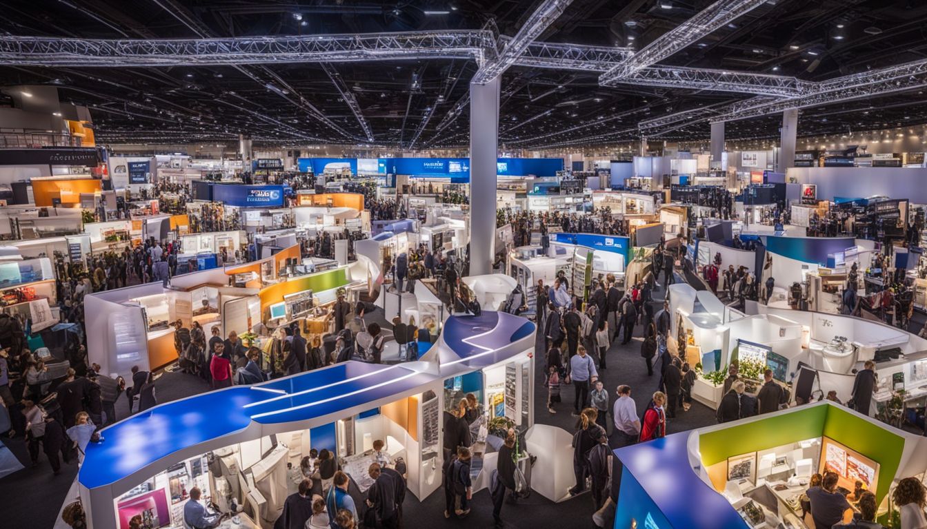 A bustling trade show with a maze of booths and directional signage.