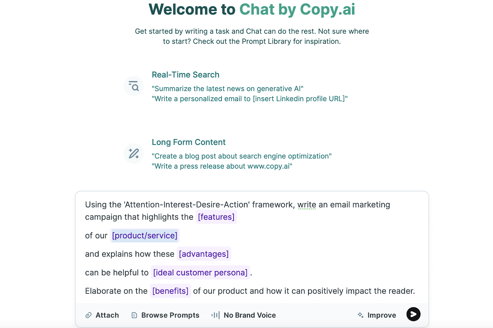Screenshot of Copy.ai, which offers a brand voice feature.