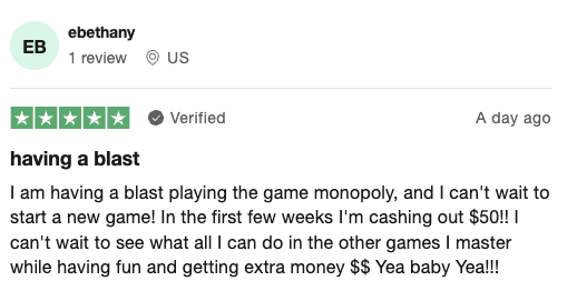 A 5-star Trustpilot review from a Freecash user happy to have earned $50 in their first few weeks and enjoying playing Monopoly. 