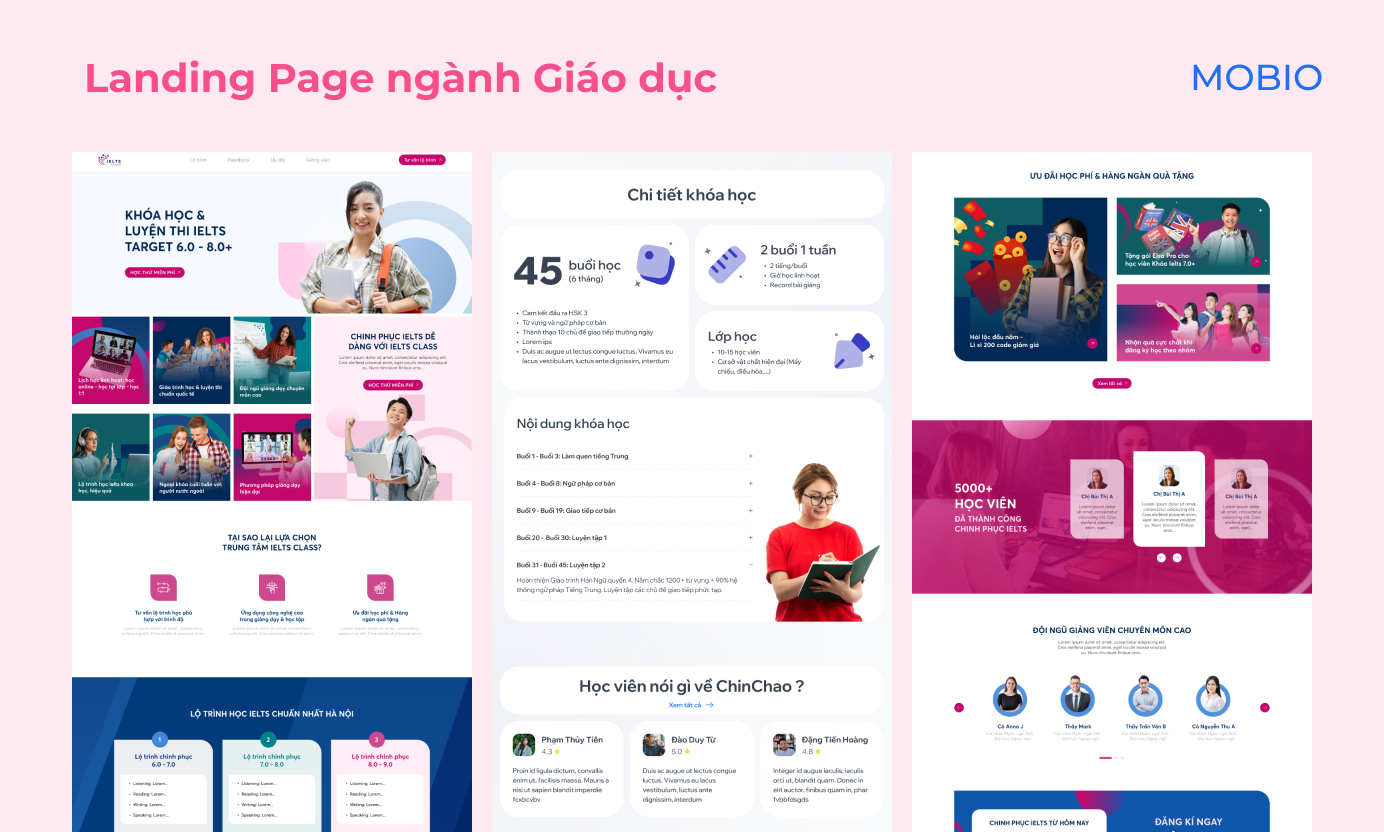 Landing Page ngành Giáo dục thường tươi sáng, bố cục rõ ràng, hiển thị đầy đủ thông tin để phụ huynh và học sinh tham khảo về khoá học. Ảnh: Mobio