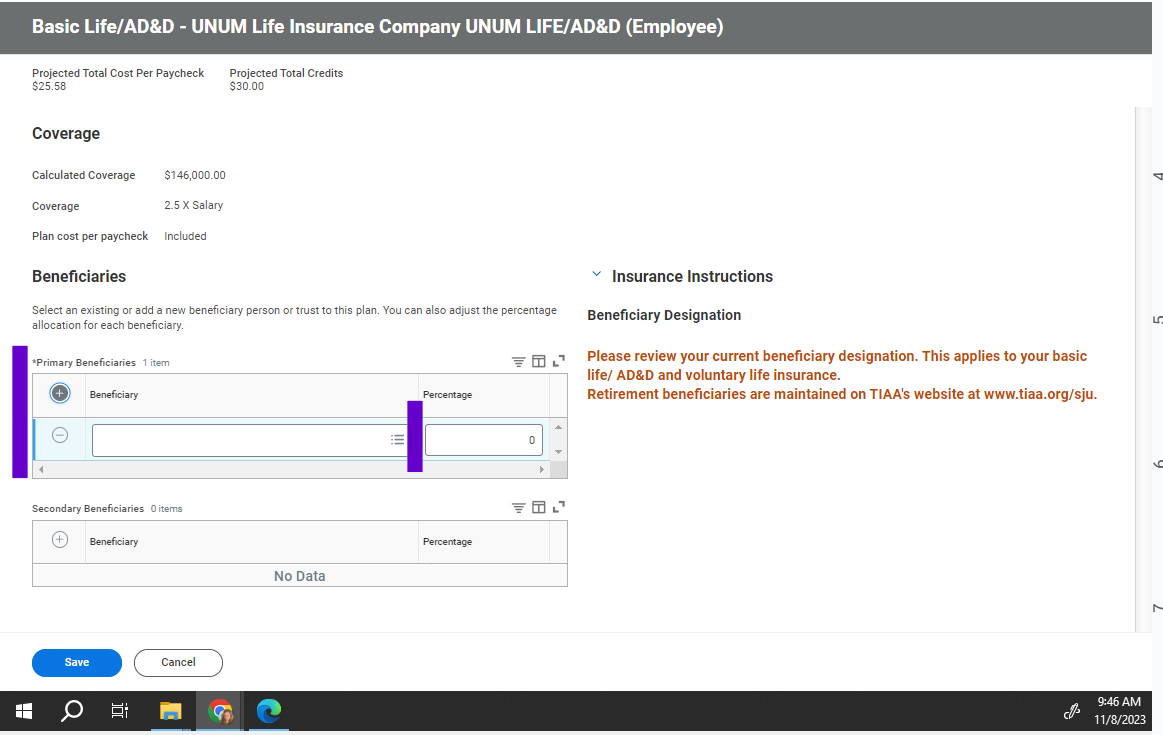 Screenshot of Basic Life/AD&D beneficiary entry