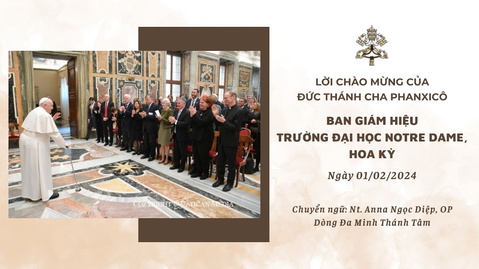 Lời chào mừng Đức Thánh Cha dành cho các thành viên trường Đại học Notre Dame, Hoa Kỳ