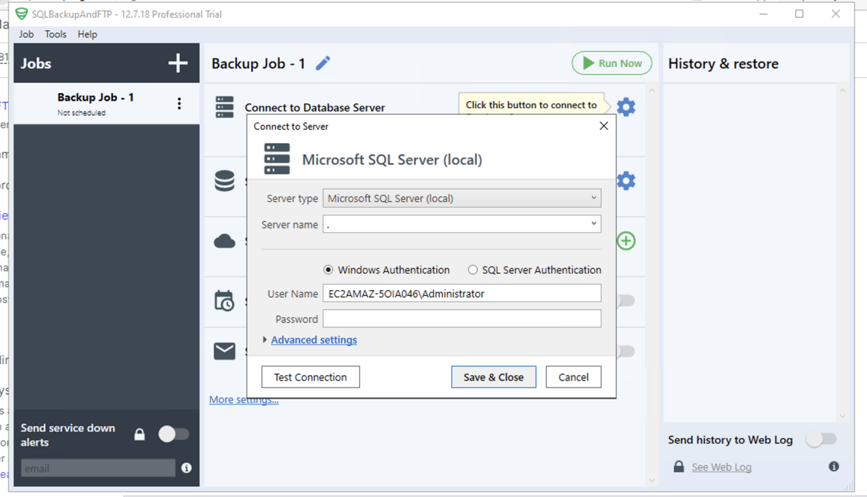 Testing server connection and saving via the SQLBackupandFTP Job tab