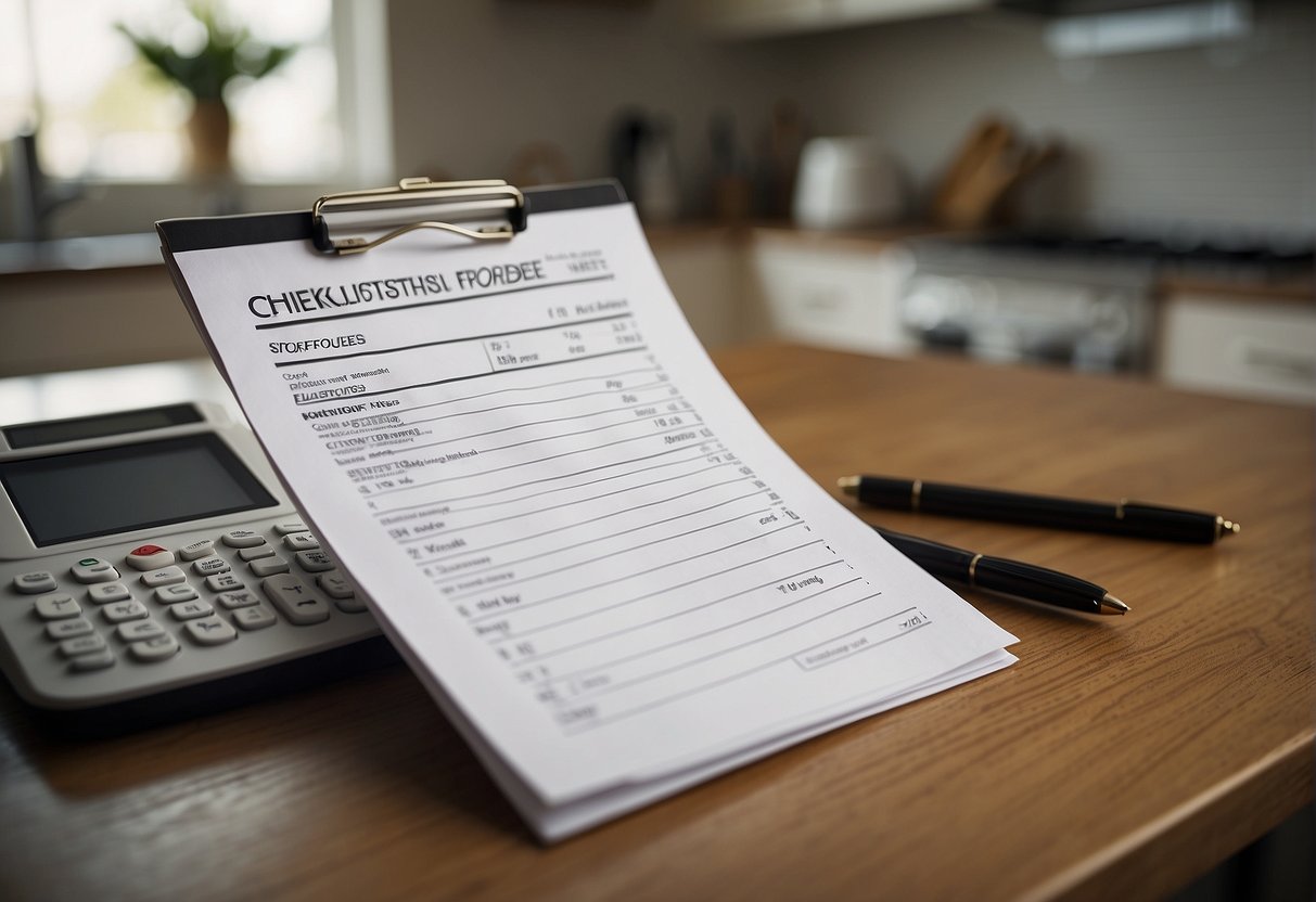 A checklist lies open on a kitchen counter, with a pen resting on top. A "For Sale" sign is visible through the window, hinting at the home's readiness for the market