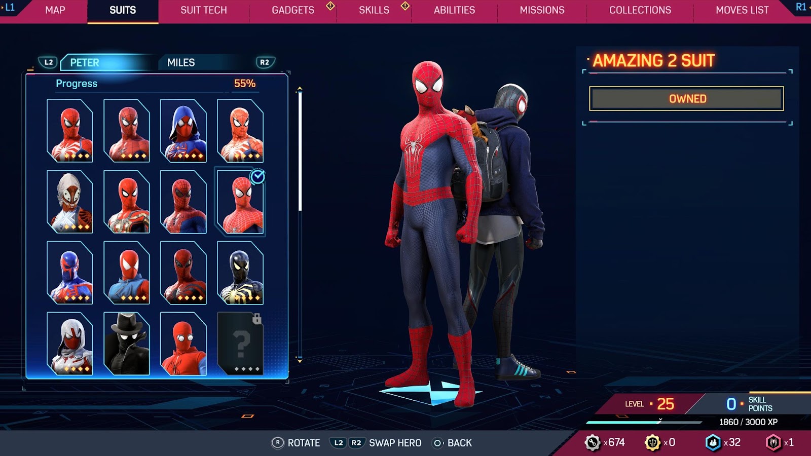 An in game screenshot of the suits menu from the game Marvel's Spider Man 2. 