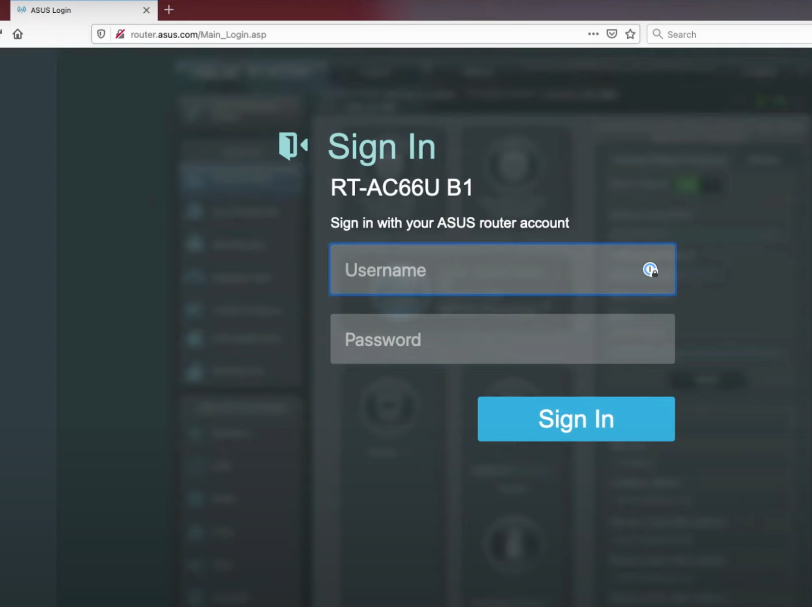 Router sign-in screen