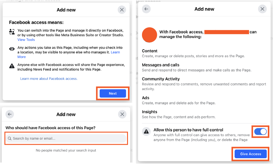 Instructions on how to add a new user to Facebook page