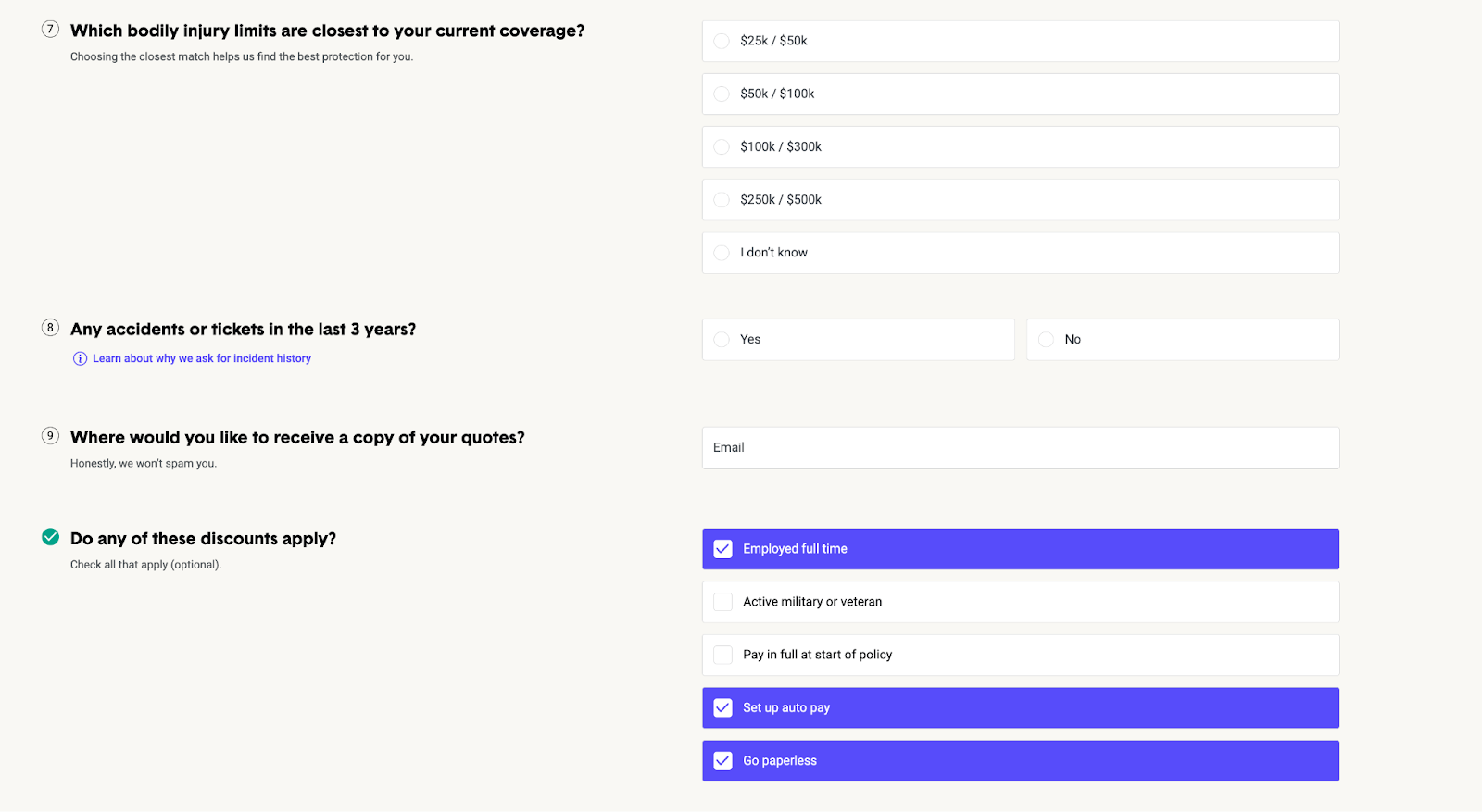 Screenshot of The Zebra auto insurance application