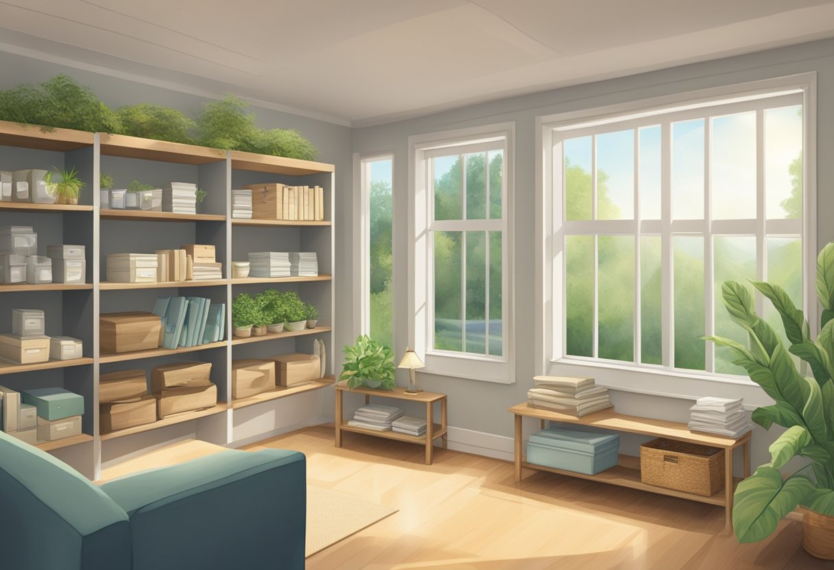 A serene room with organized shelves and a tranquil atmosphere, surrounded by nature and a sold "For Sale" sign, symbolizing financial relief
