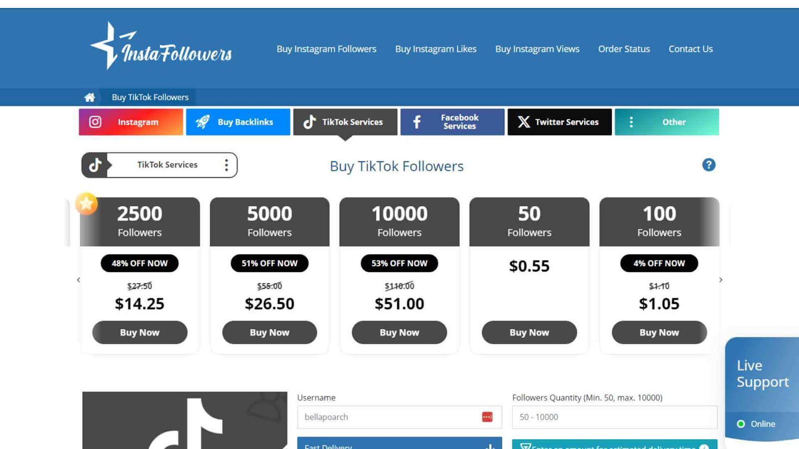 A pricing chart from a service called InstaFollowers for purchasing TikTok followers, displaying different follower packages for sale.